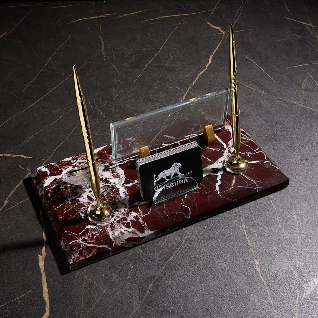 Burgundy Marble Desktop Nameplate Set with Clock & Dual Pen Holder – Personalized