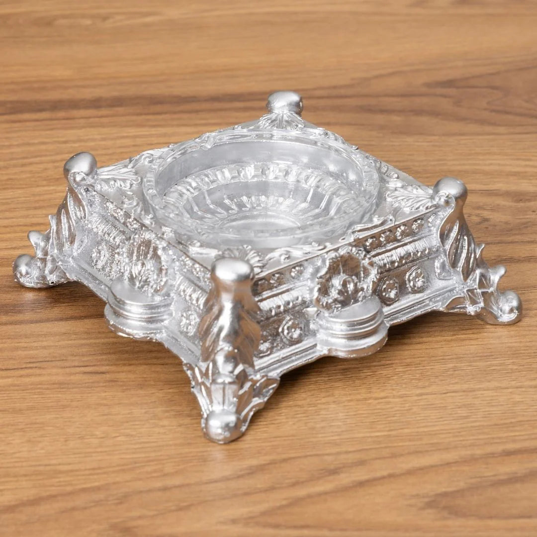 Decorative Glass Ashtray with Silver-Tone Resin Base