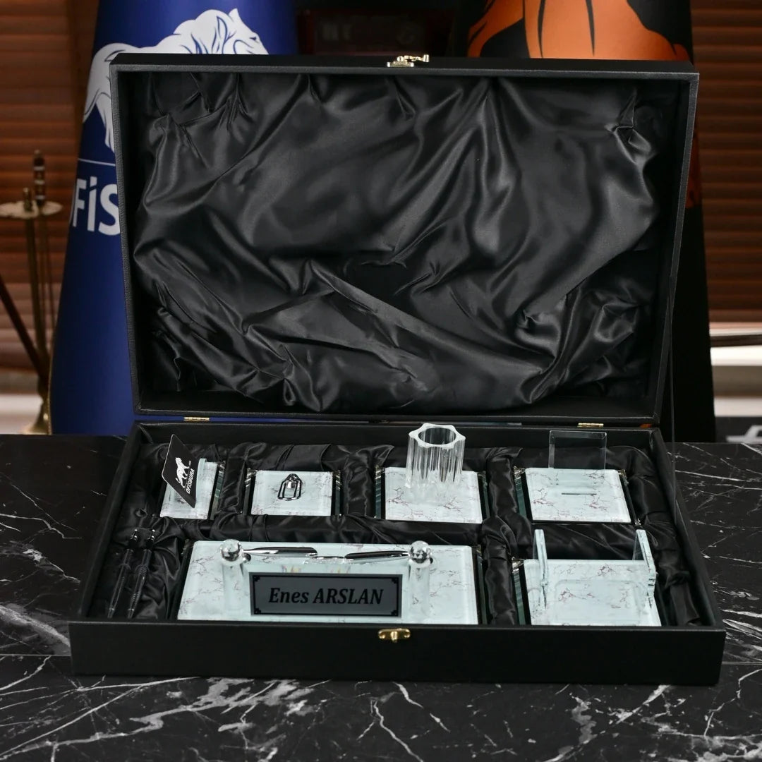 Pearl | Gift-Boxed 6-Piece Crystal Executive Desk Set with Personalized Nameplate – White & Silver