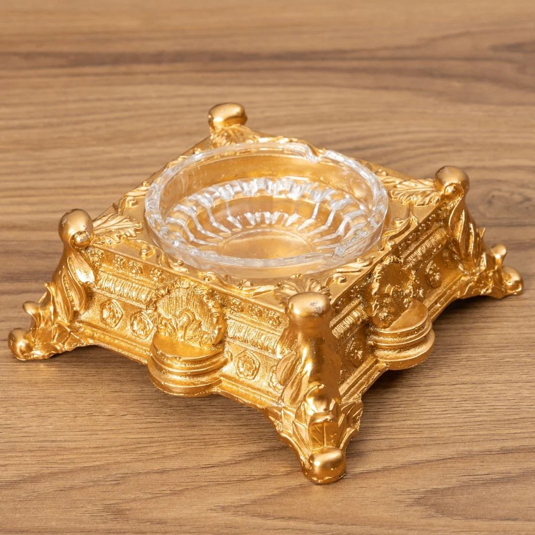 Decorative Glass Ashtray with Gold-Tone Resin Base