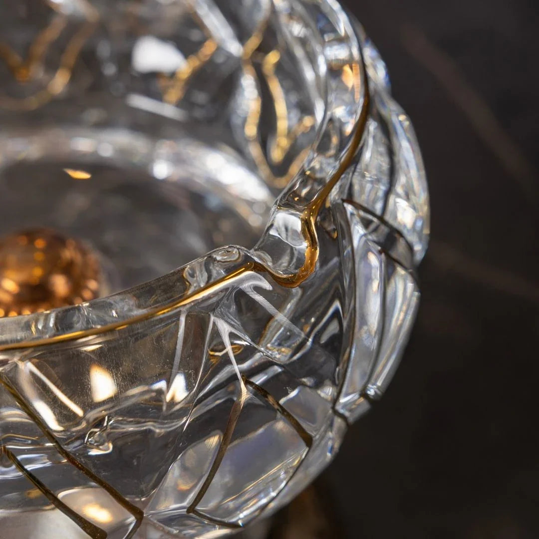 Footed Crystal Glass Ashtray – Clear & Gold, 5.9"
