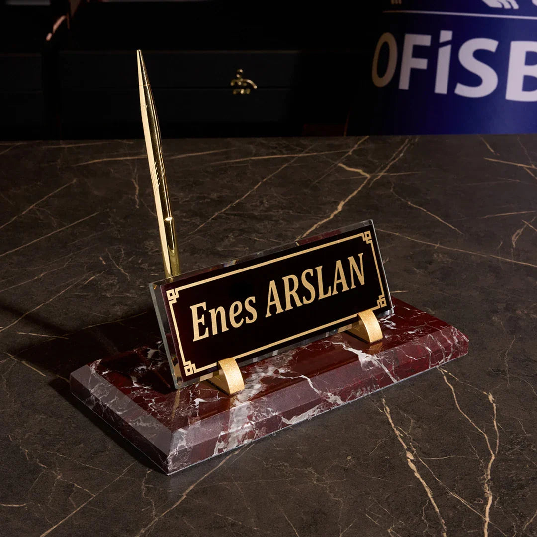 Burgundy Marble Desk Nameplate with Gold Pen – Personalized Office Nameplate