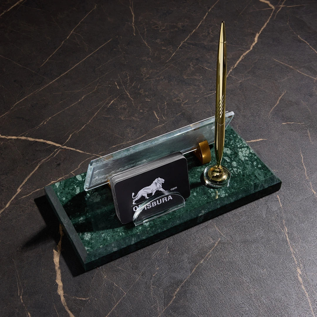 Emerald Green Marble Desk Nameplate with Gold Pen Holder – Personalized