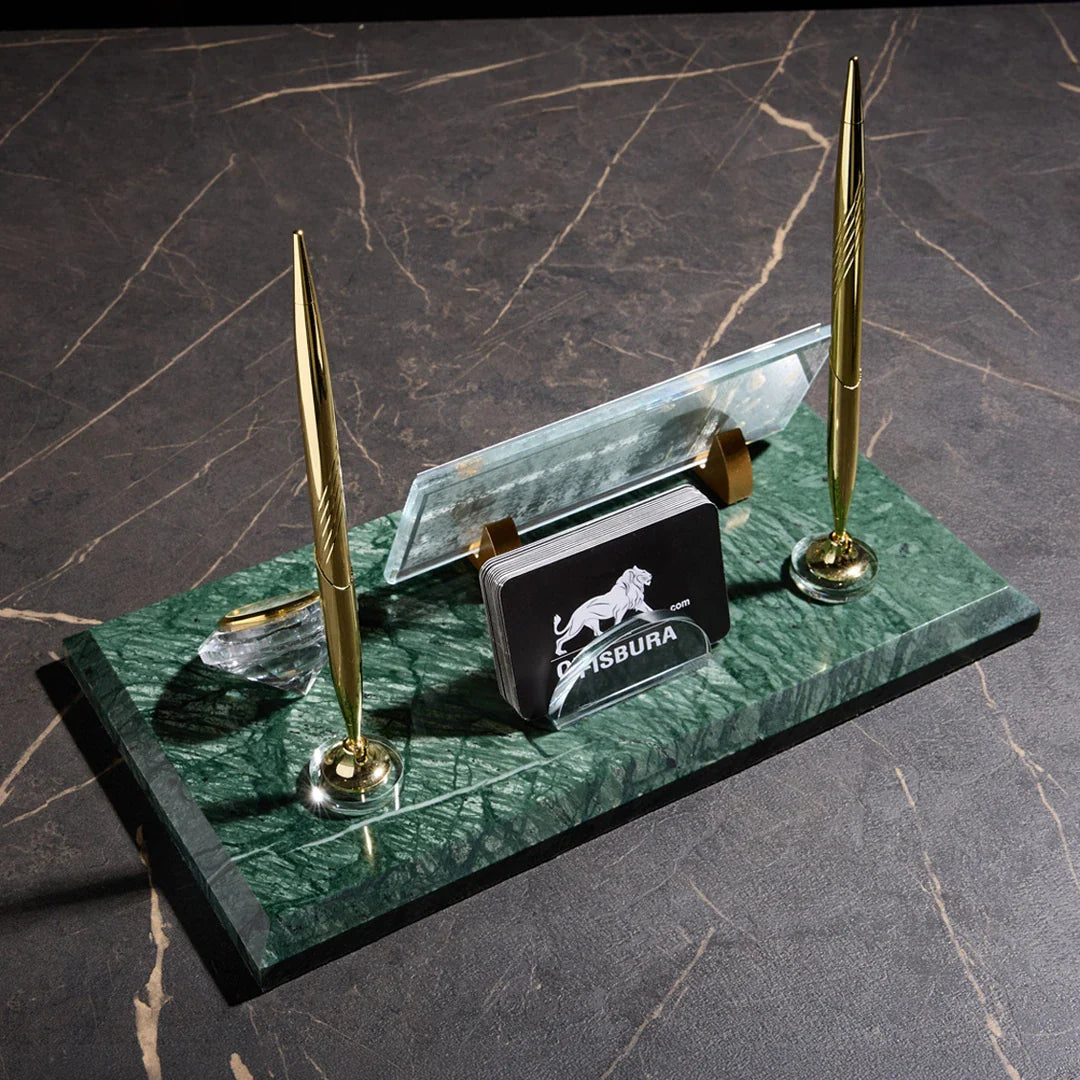 Signature Emerald Marble Desktop Nameplate Set with Clock & Dual Pen Holder – Personalized