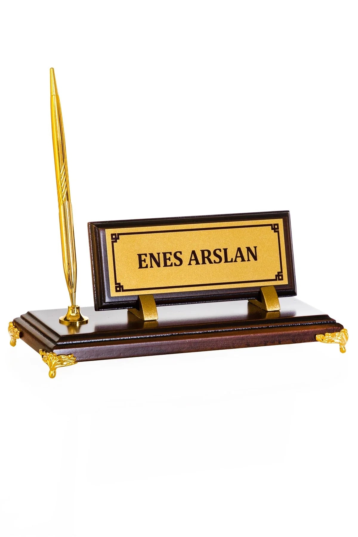 Gold-Base Wooden Desk Nameplate Set with Single Pen Holder – Personalized