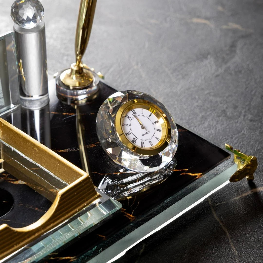 Marble-Pattern Gold Crystal Glass Desk Nameplate – Executive Office Nameplate with Dual Pen Holder