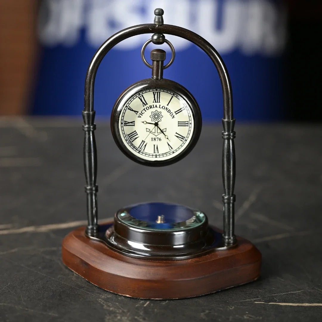 Vintage Wood & Metal Desk Clock with Compass – 5.9"