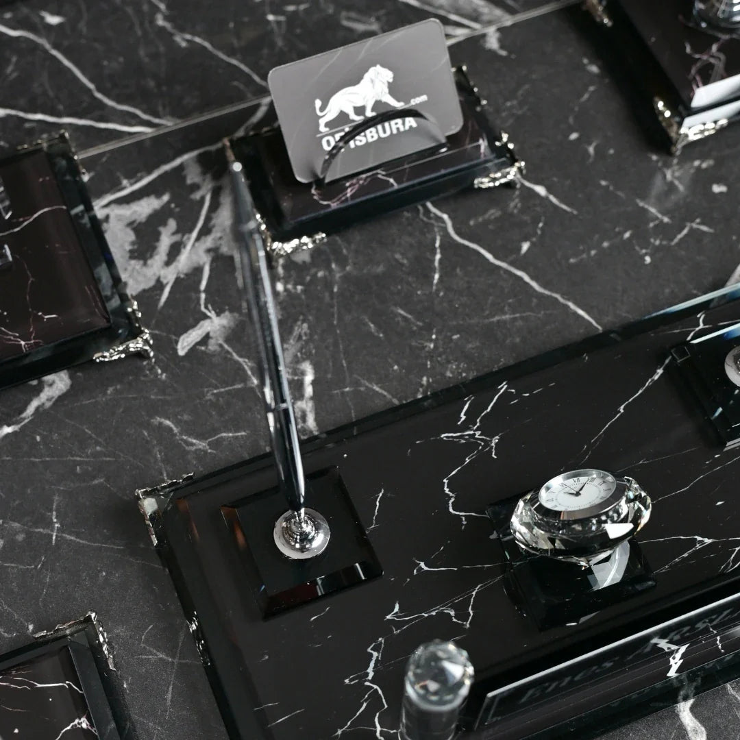 Zebra Black | Gift-Boxed 6-Piece Crystal Executive Desk Set with Personalized Nameplate – Black & Silver