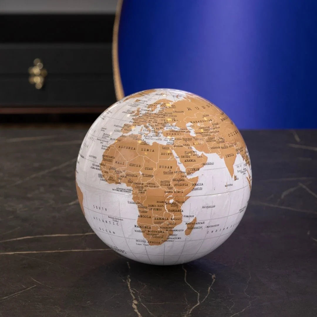360° Automatic Rotating World Globe – Brown & White, 5.9"
