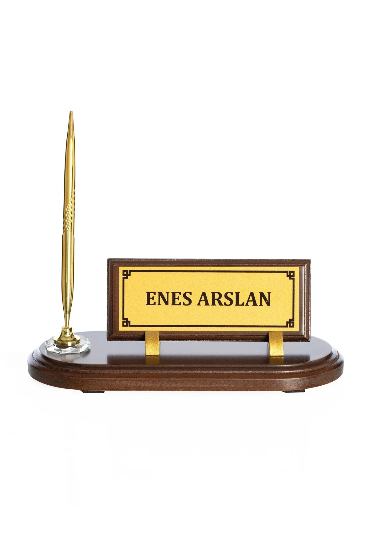 Brown Wooden Desk Nameplate Set with Single Pen Holder – Personalized