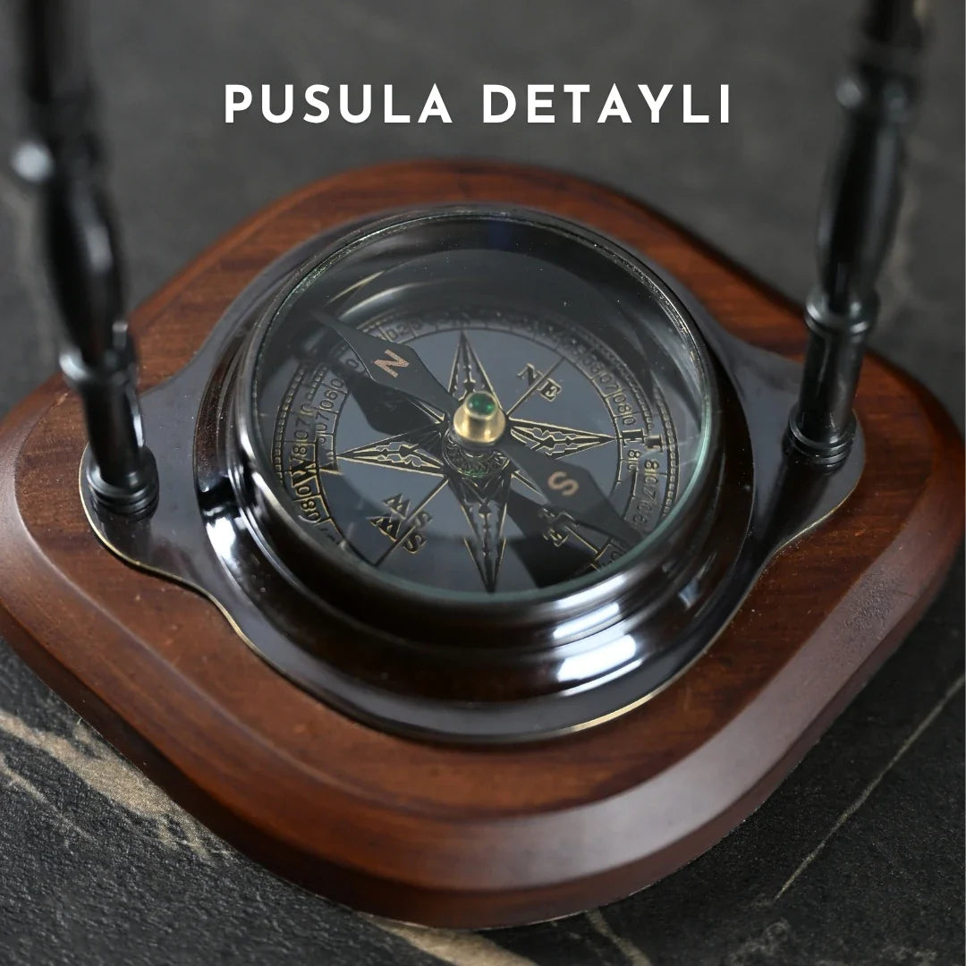 Vintage Wood & Metal Desk Clock with Compass – 5.9"