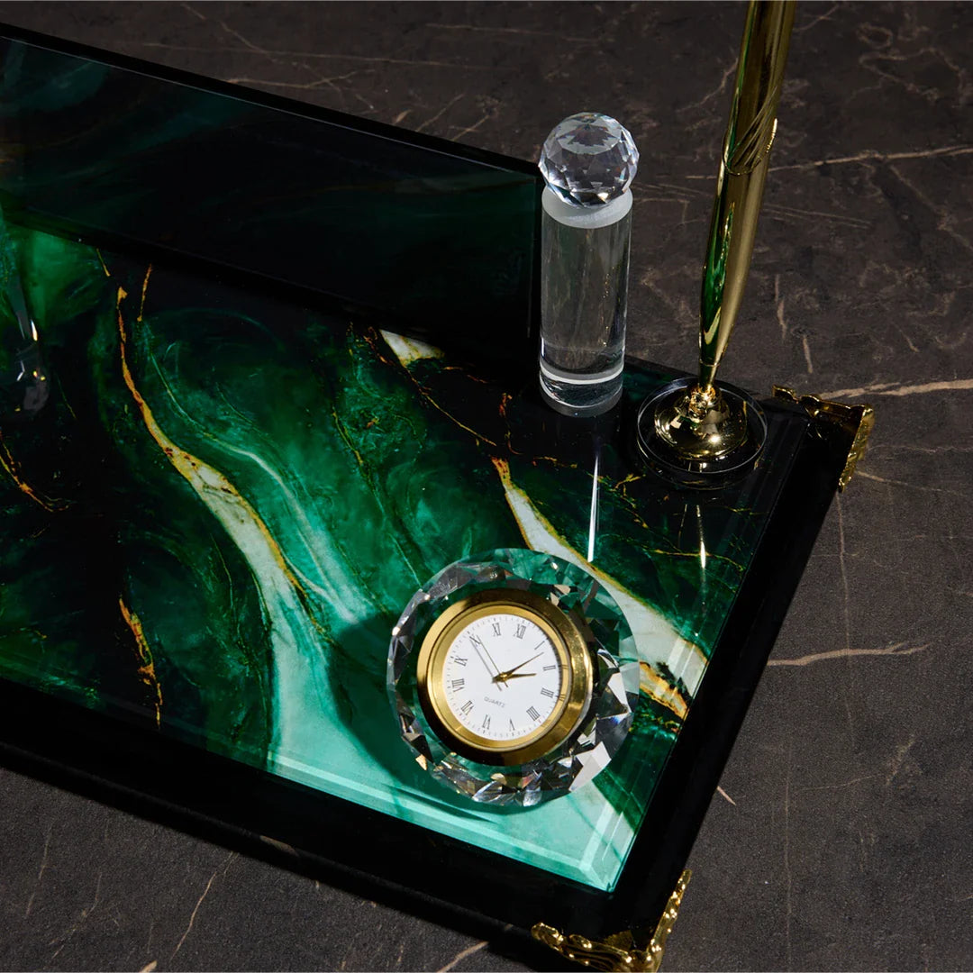 Emerald Green Crystal Desk Nameplate Set with Clock & Dual Pen Holder – Personalized