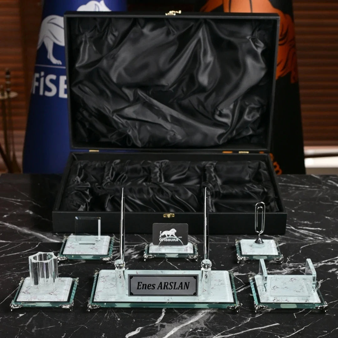 Pearl | Gift-Boxed 6-Piece Crystal Executive Desk Set with Personalized Nameplate – White & Silver
