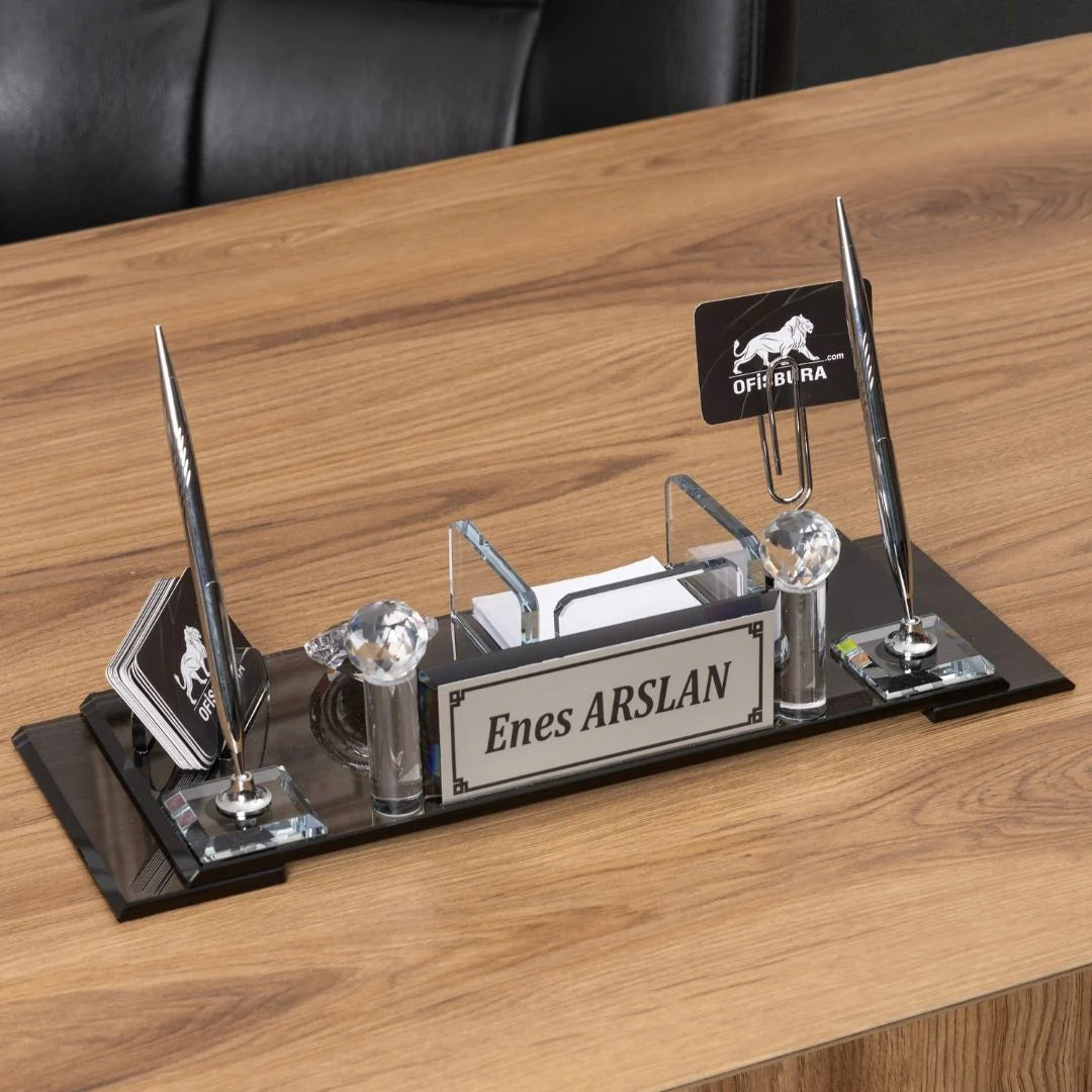 Elite Crystal | 7-Piece Crystal Desk Set & Personalized Nameplate – Silver Accents