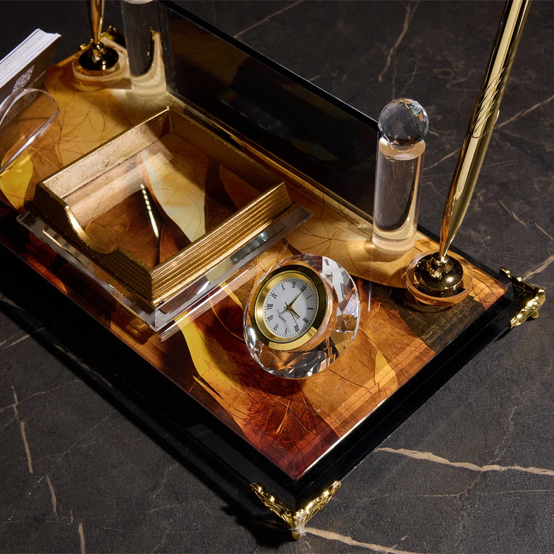 Siena Crystal Desktop Nameplate Set with Clock, Notepad Holder & Dual Pen Holder – Personalized