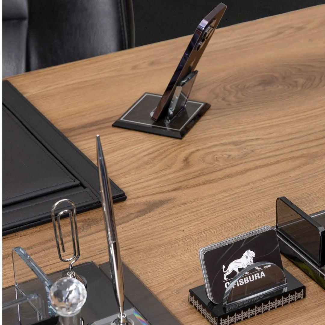 Elite Crystal | 7-Piece Crystal Desk Set & Personalized Nameplate – Silver Accents