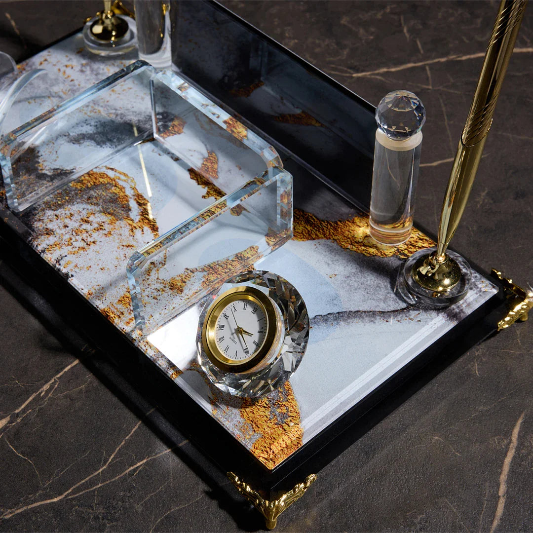 Luxe White Personalized Crystal Executive Desk Nameplate Set – White Marble & Gold