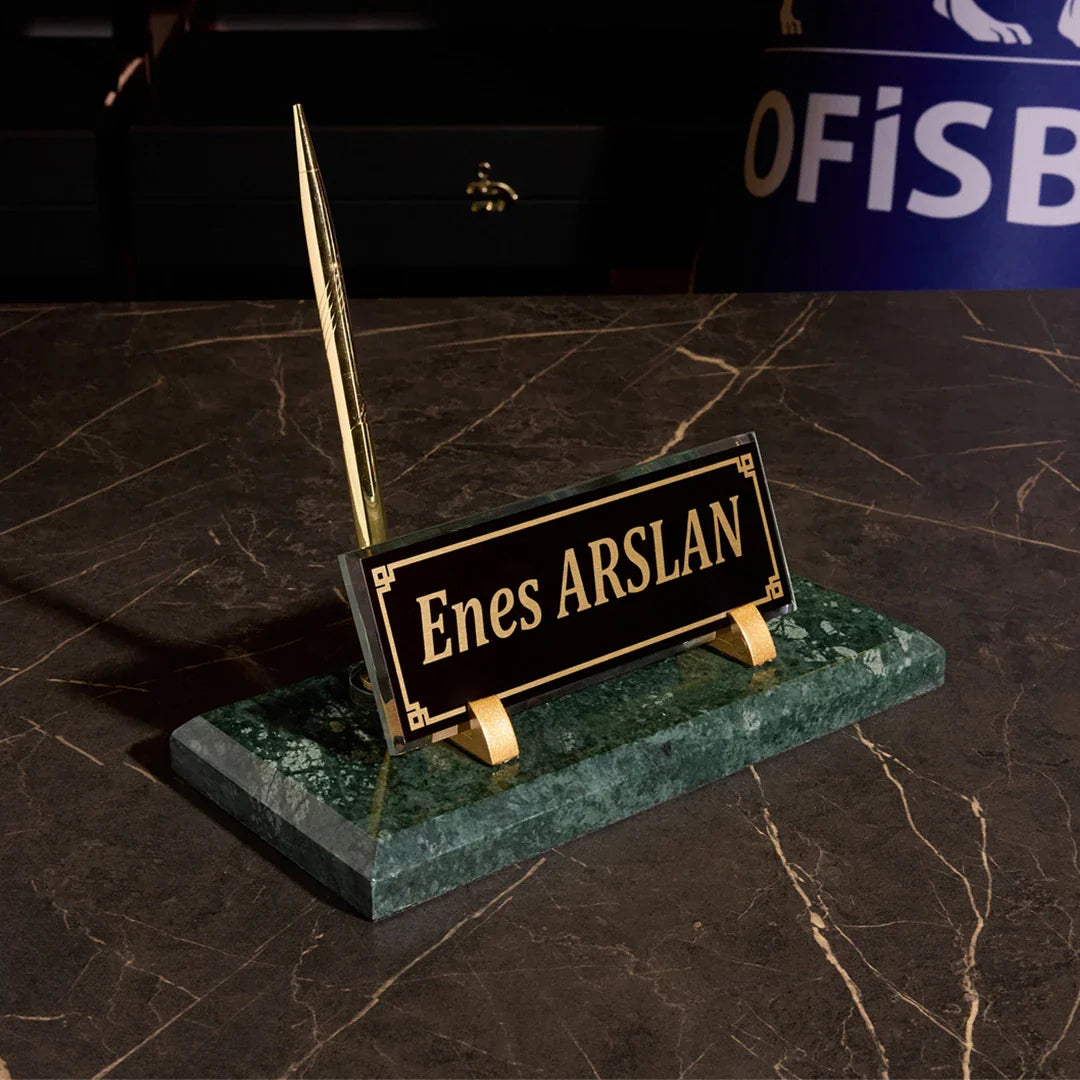 Emerald Green Marble Desk Nameplate with Gold Pen Holder – Personalized