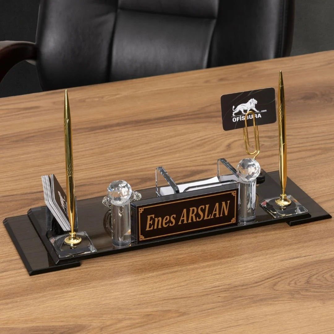 Elite Crystal | 7-Piece Crystal Desk Set & Personalized Nameplate – Gold Accents