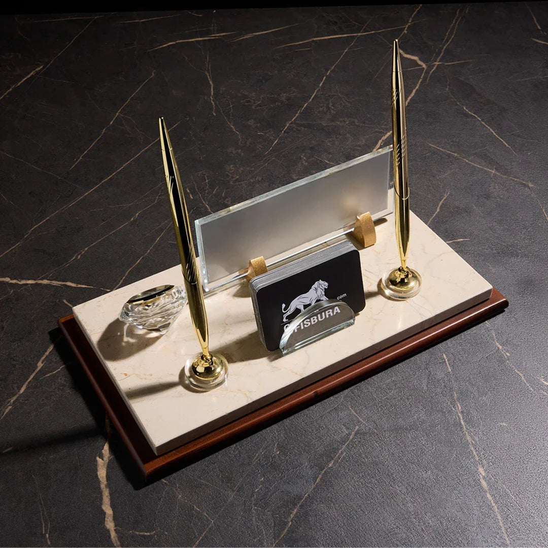 Signature Wood & Marble Desktop Nameplate Set with Clock & Dual Pen Holder – Personalized, Cream