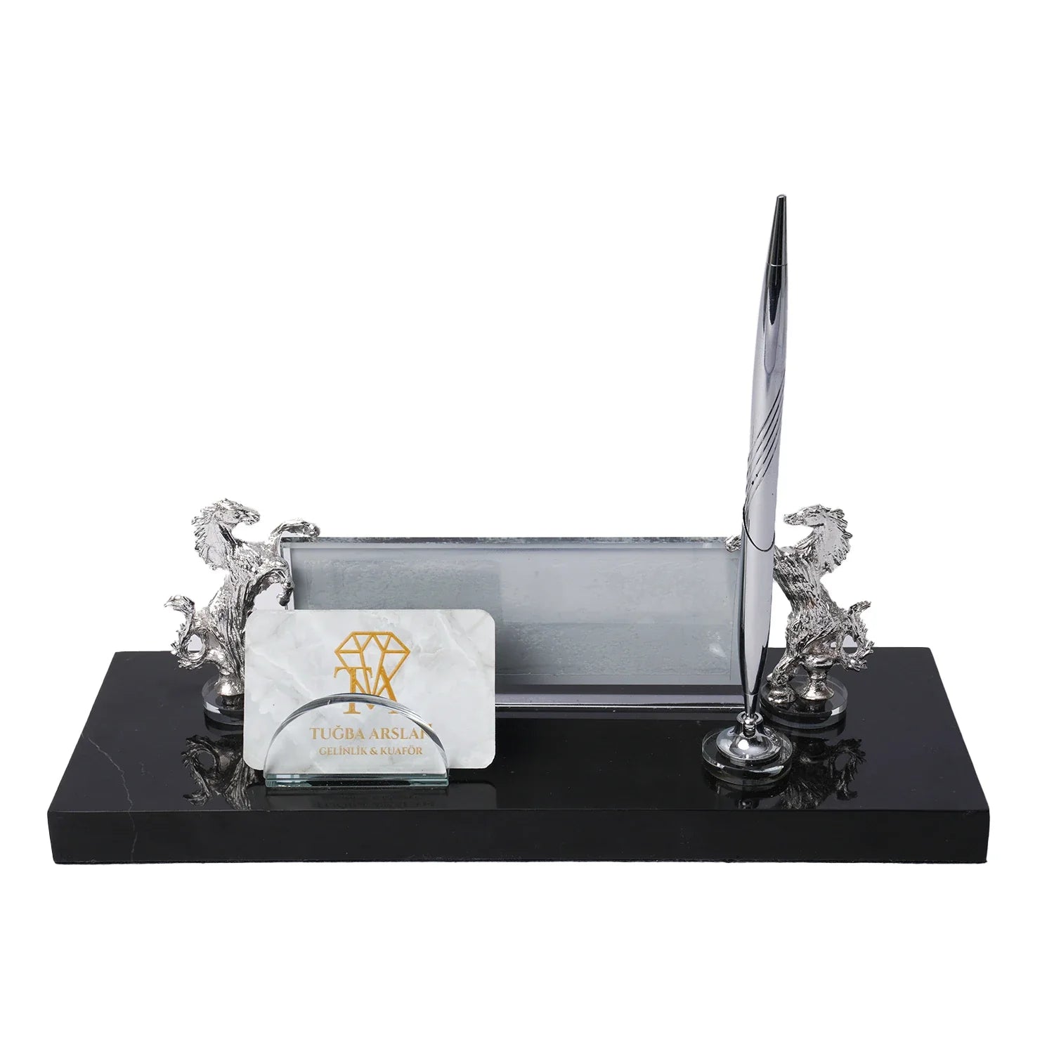 Rearing Horse Black Marble Desk Nameplate Set with Silver Horse Figures & Pen Holder – Personalized
