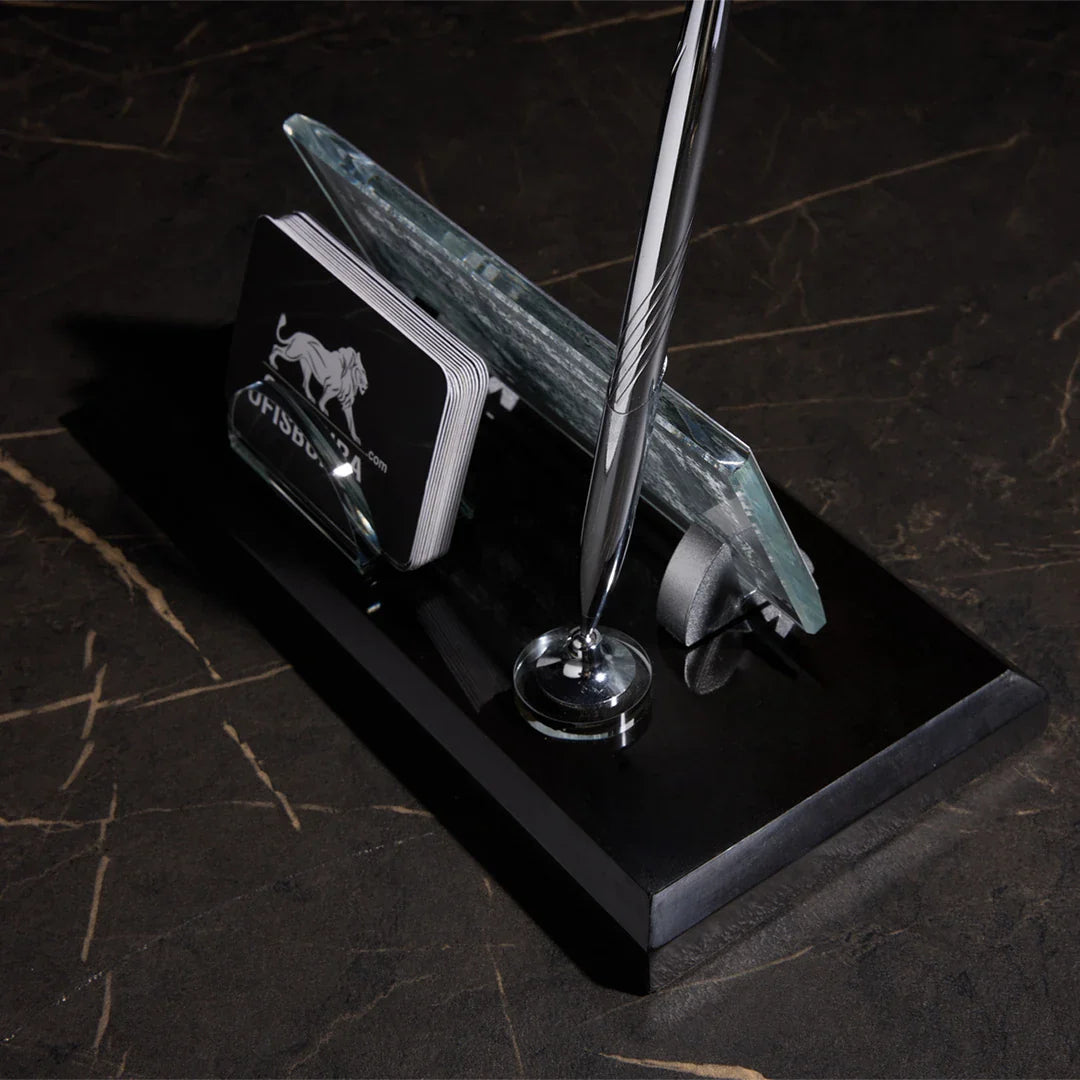 Black Marble Desktop Nameplate Set with Silver Pen Holder – Personalized