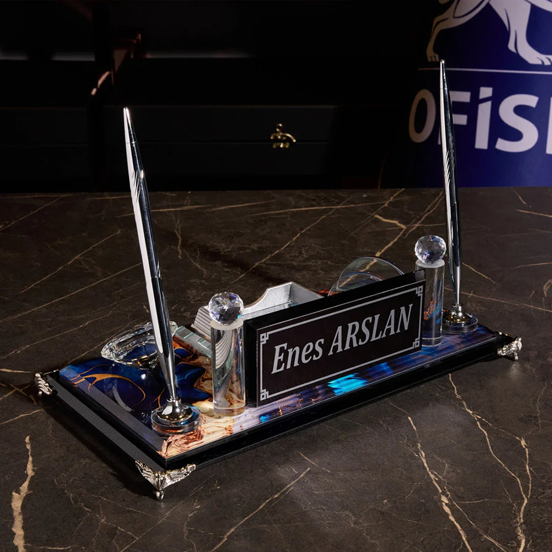 Sapphire Crystal Desktop Nameplate Set with Clock, Notepad Holder & Dual Pen Holder – Personalized