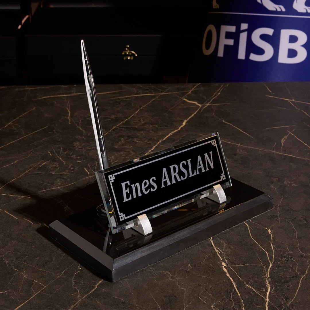 Black Marble Desktop Nameplate Set with Silver Pen Holder – Personalized