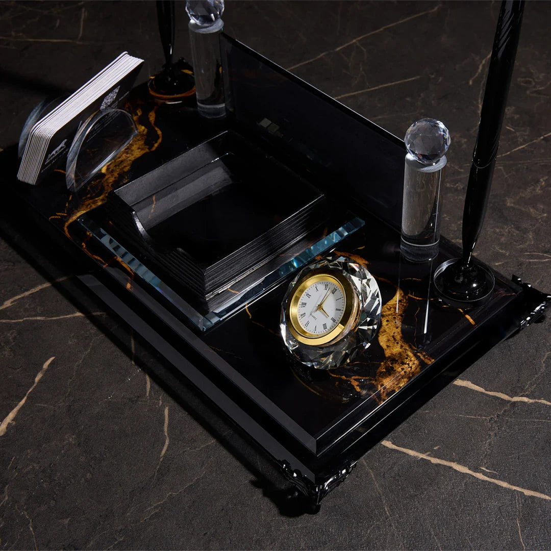 Nero Black Crystal Desktop Nameplate Set with Clock, Notepad Holder & Dual Pen Holder – Personalized
