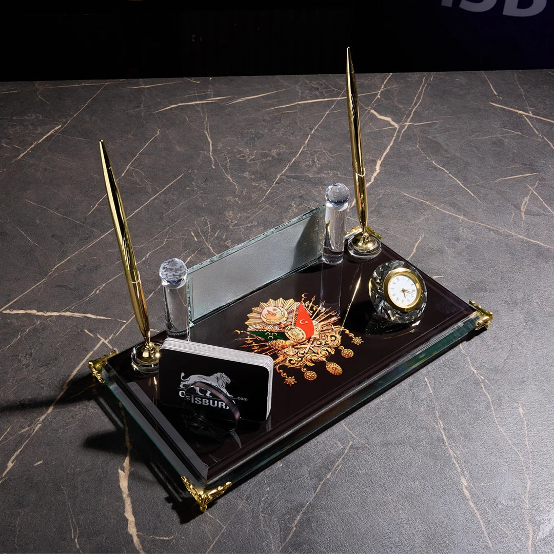 Ottoman Crest Crystal Desktop Nameplate Set with Clock & Dual Pen Holder – Personalized