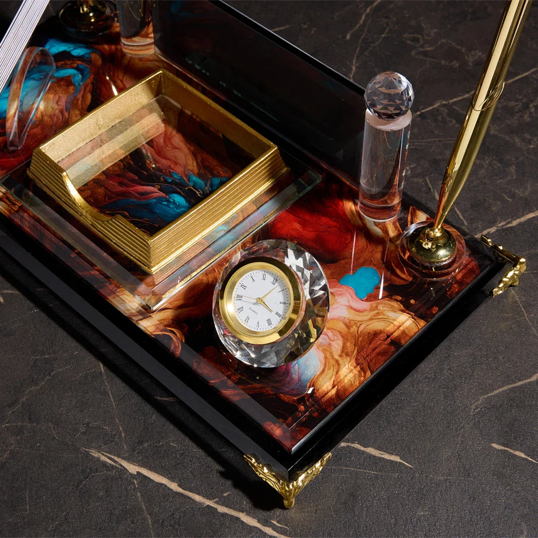 Royalty Crystal Desktop Nameplate Set with Clock, Notepad Holder & Dual Pen Holder – Personalized
