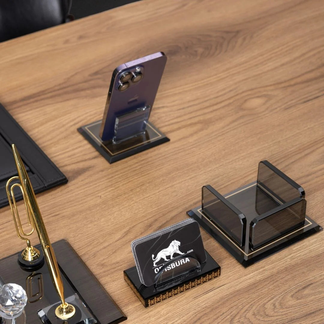 Elite Crystal | 7-Piece Crystal Desk Set & Personalized Nameplate – Gold Accents