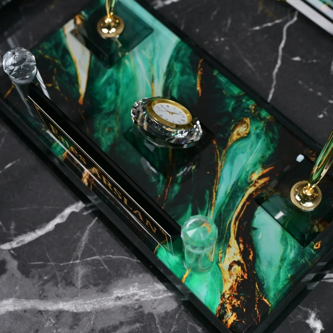 Emerald | Gift-Boxed 6-Piece Crystal Executive Desk Set with Personalized Nameplate – Green & Gold