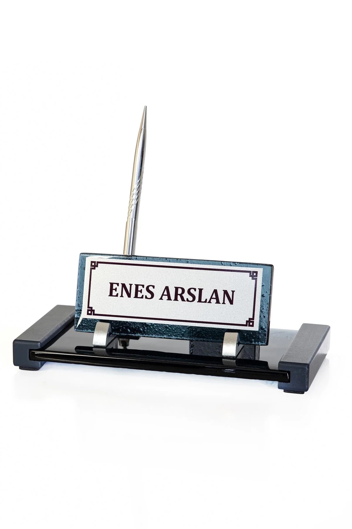 Anthracite Crystal Desk Nameplate Set with Single Pen Holder – Personalized