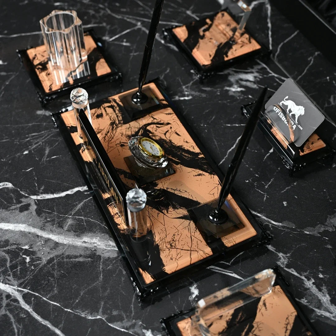 Napolion | Gift-Boxed 6-Piece Crystal Executive Desk Set with Personalized Nameplate – Orange & Gold