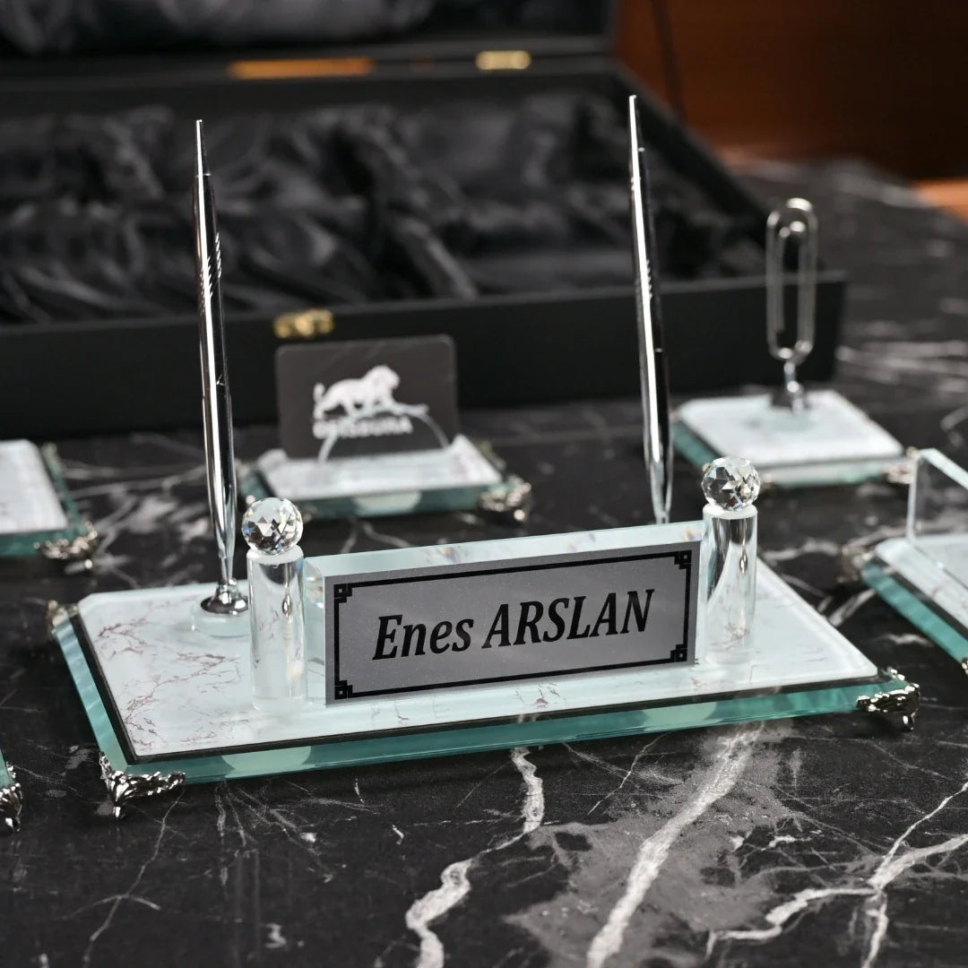 Pearl | Gift-Boxed 6-Piece Crystal Executive Desk Set with Personalized Nameplate – White & Silver