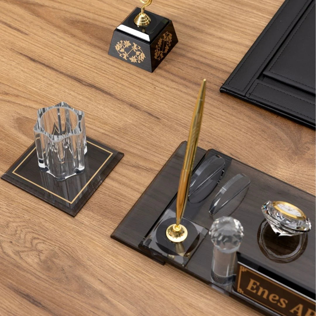 Elite Crystal | 7-Piece Crystal Desk Set & Personalized Nameplate – Gold Accents