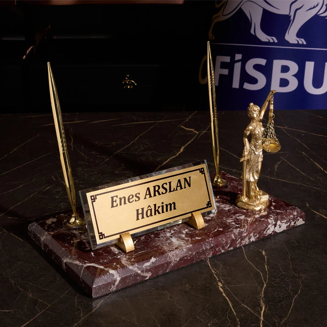 Marble Desk Nameplate with Scales of Justice – Burgundy