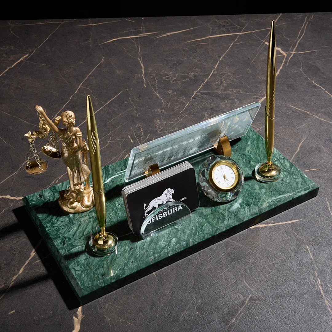 Marble Desk Nameplate with Scales of Justice – Emerald Green