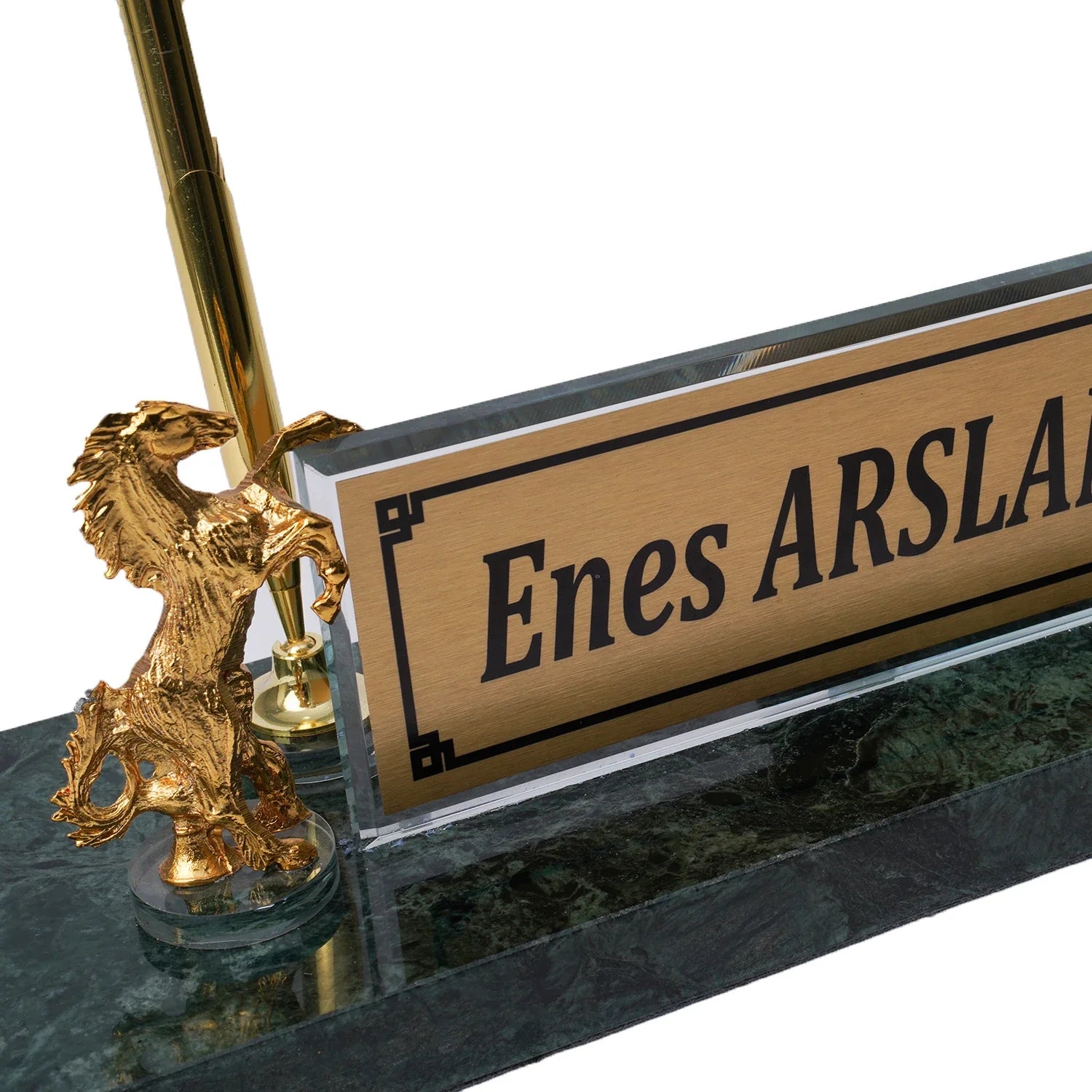 Rearing Horse Emerald Green Marble Desk Nameplate Set with Gold Horse Figures & Pen Holder – Personalized