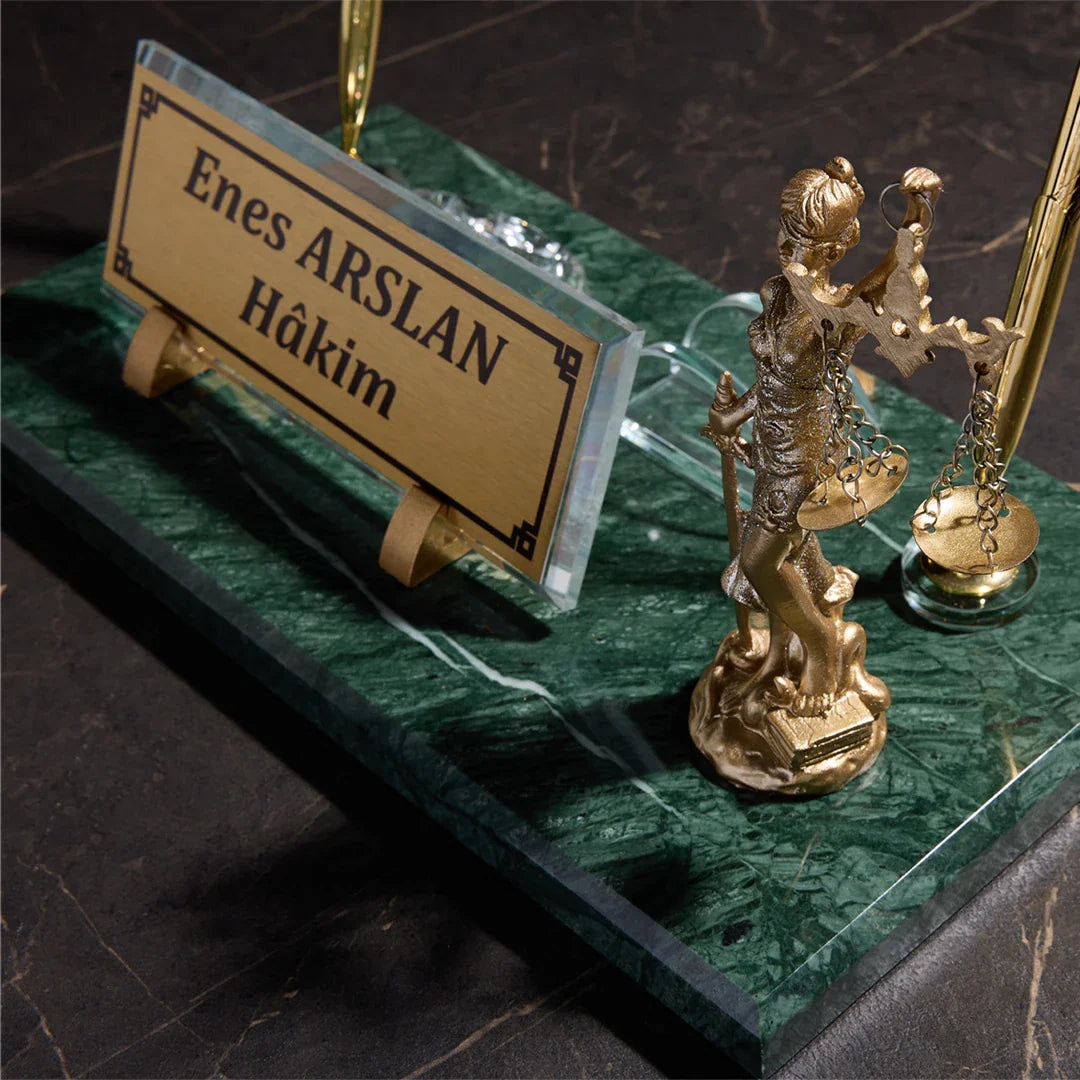 Marble Desk Nameplate with Scales of Justice – Emerald Green