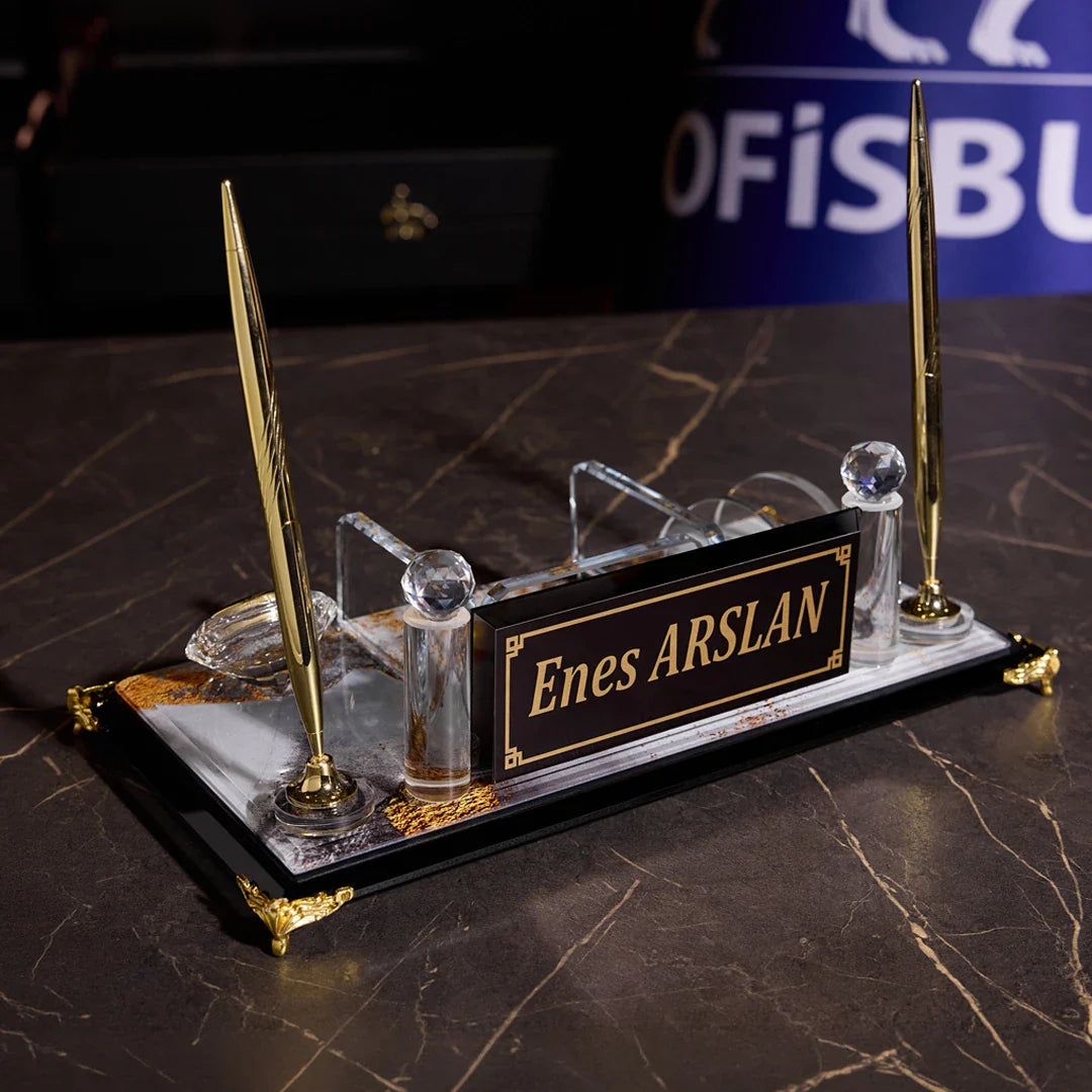 Luxe White Personalized Crystal Executive Desk Nameplate Set – White Marble & Gold