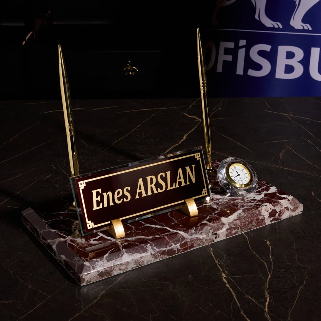 Burgundy Marble Desktop Nameplate Set with Clock & Dual Pen Holder – Personalized