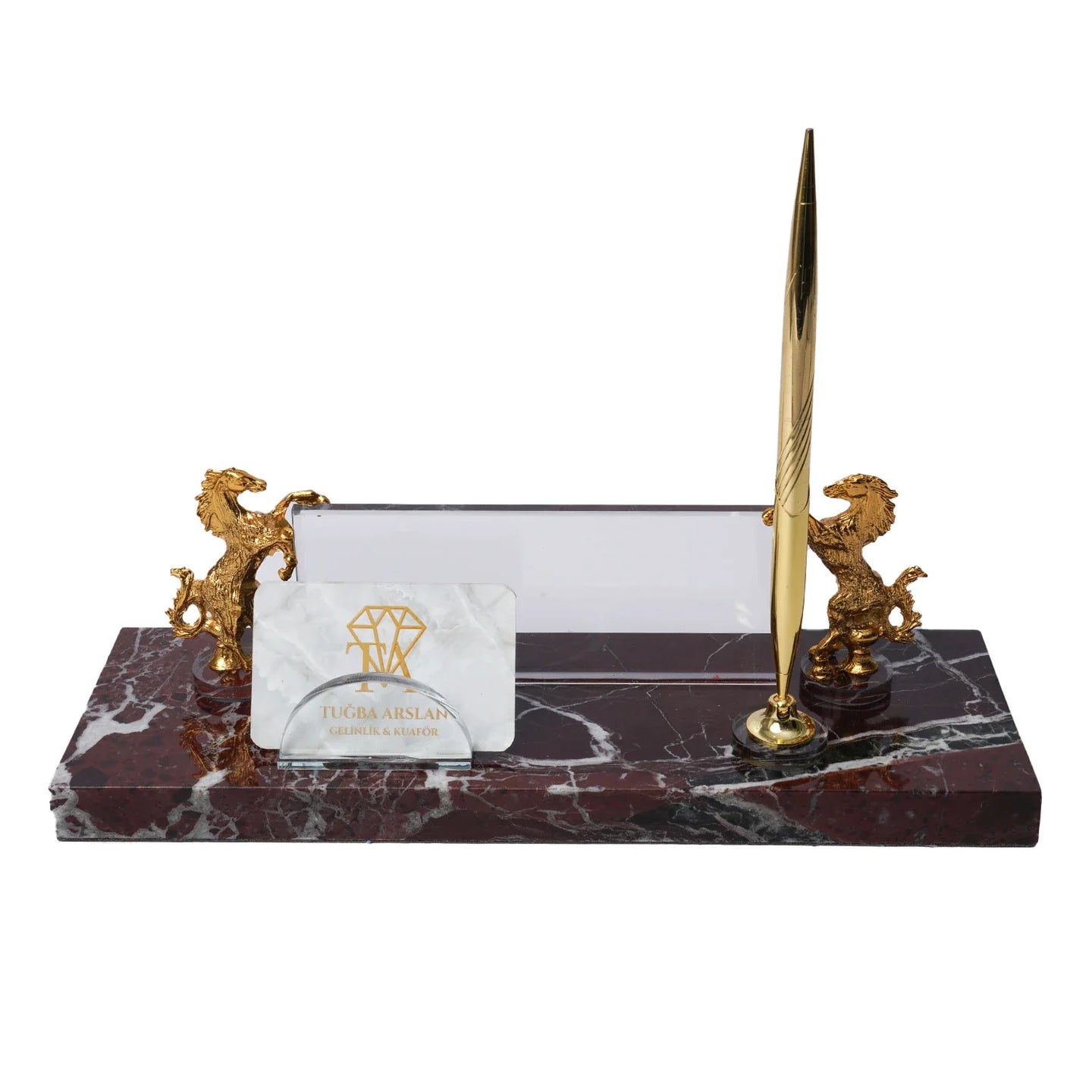 Rearing Horse Burgundy Marble Desk Nameplate Set with Gold Horse Figures & Pen Holder – Personalized