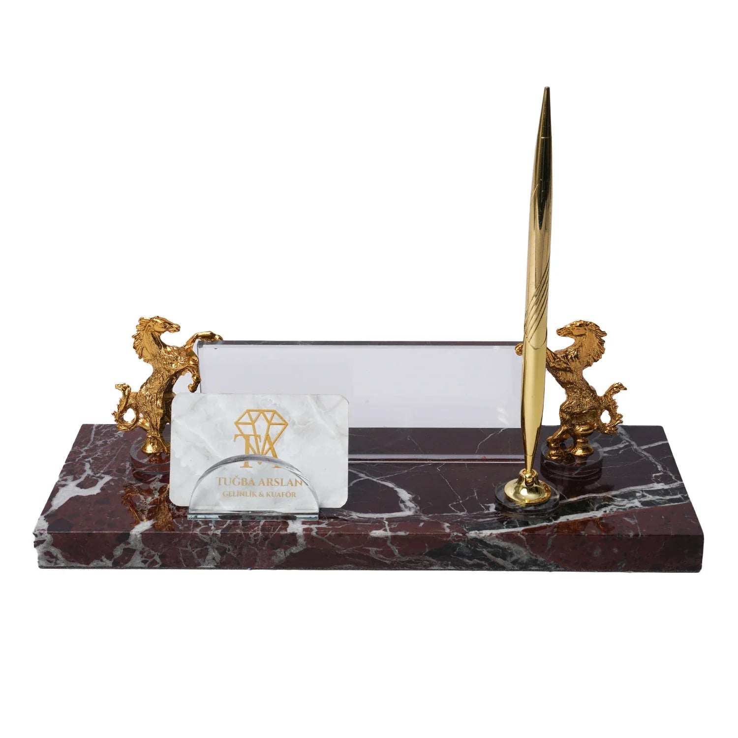 Rearing Horse Burgundy Marble Desk Nameplate Set with Gold Horse Figures & Pen Holder – Personalized