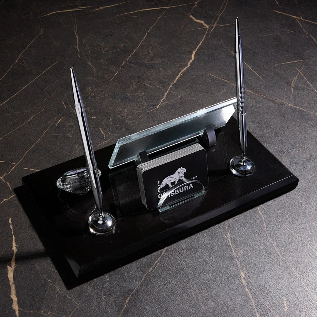 Signature Black Marble Desktop Nameplate Set with Clock & Dual Pen Holder – Personalized