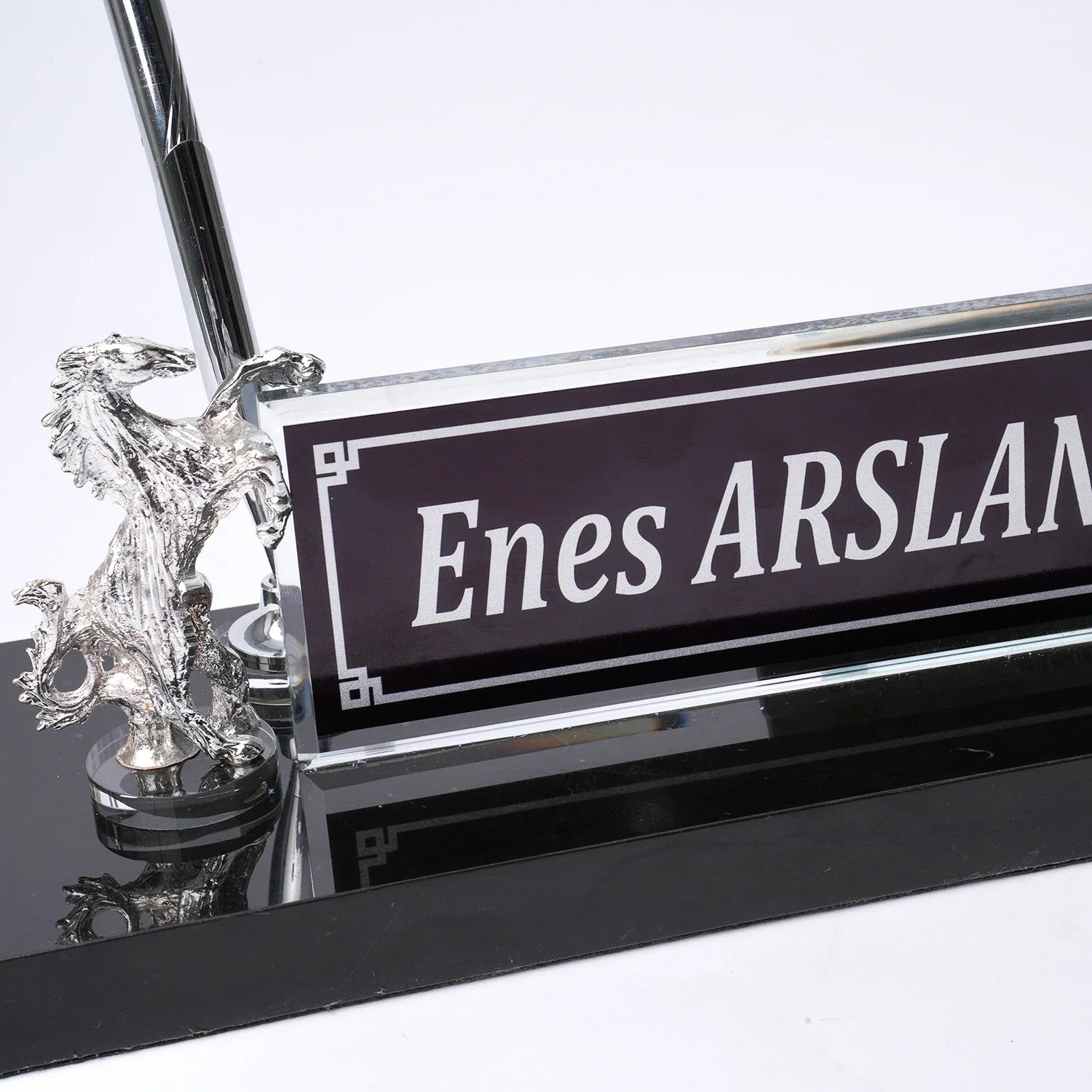 Rearing Horse Black Marble Desk Nameplate Set with Silver Horse Figures & Pen Holder – Personalized