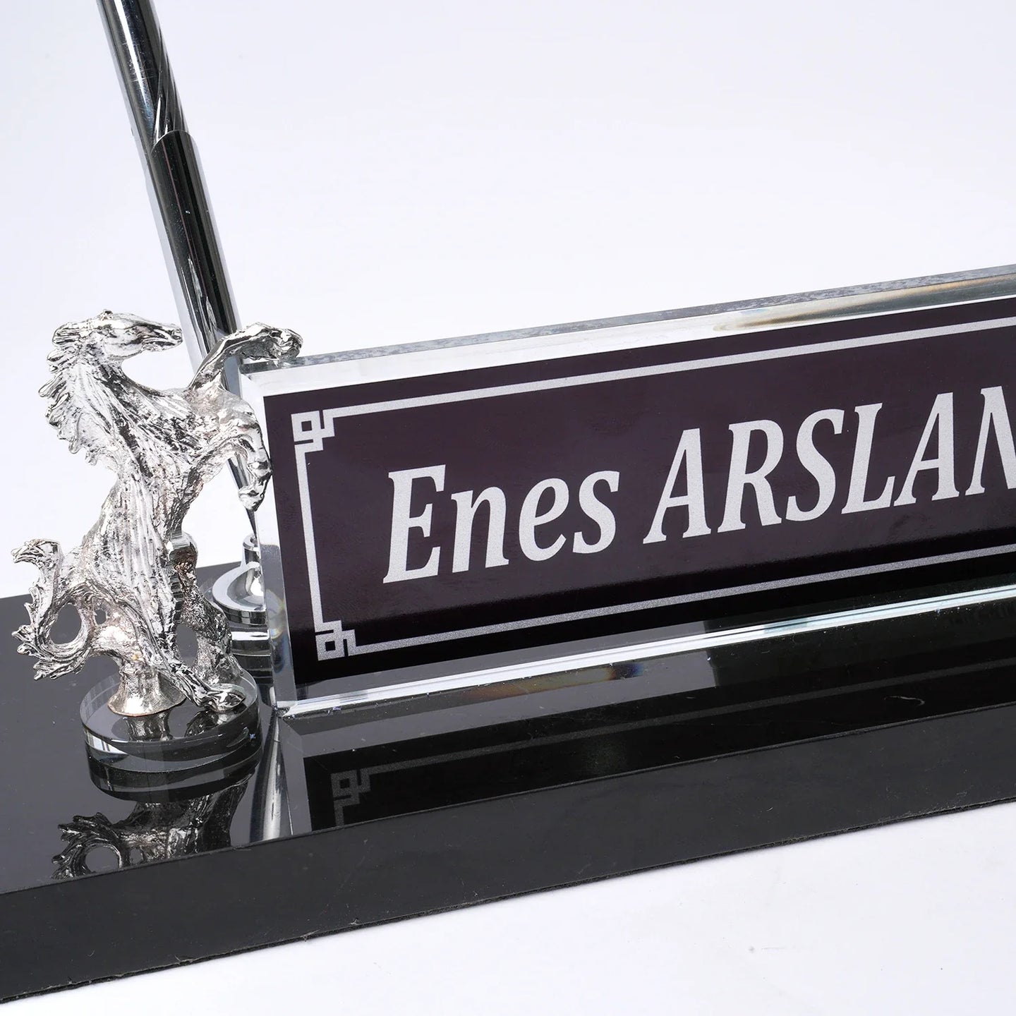 Rearing Horse Black Marble Desk Nameplate Set with Silver Horse Figures & Pen Holder – Personalized