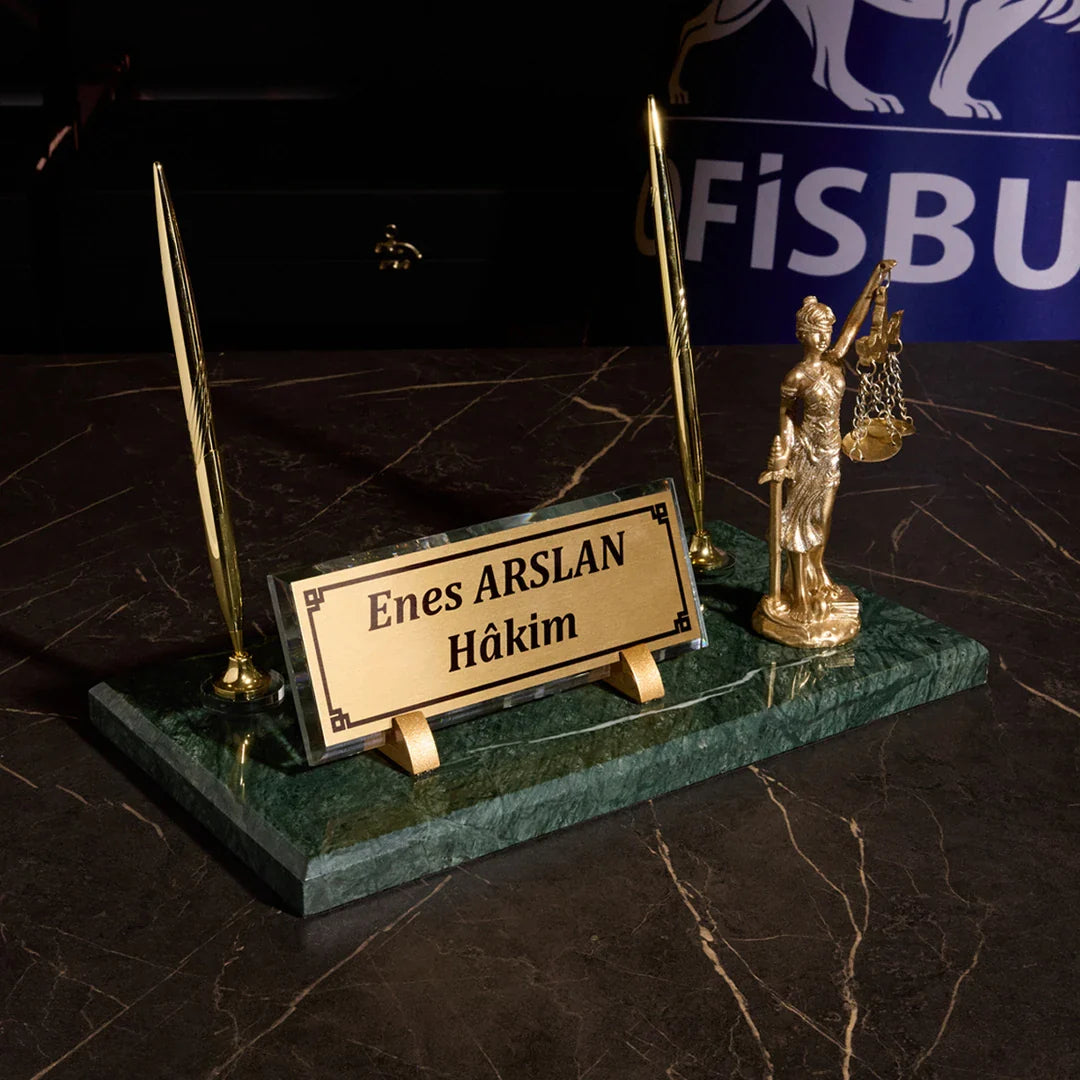 Marble Desk Nameplate with Scales of Justice – Emerald Green