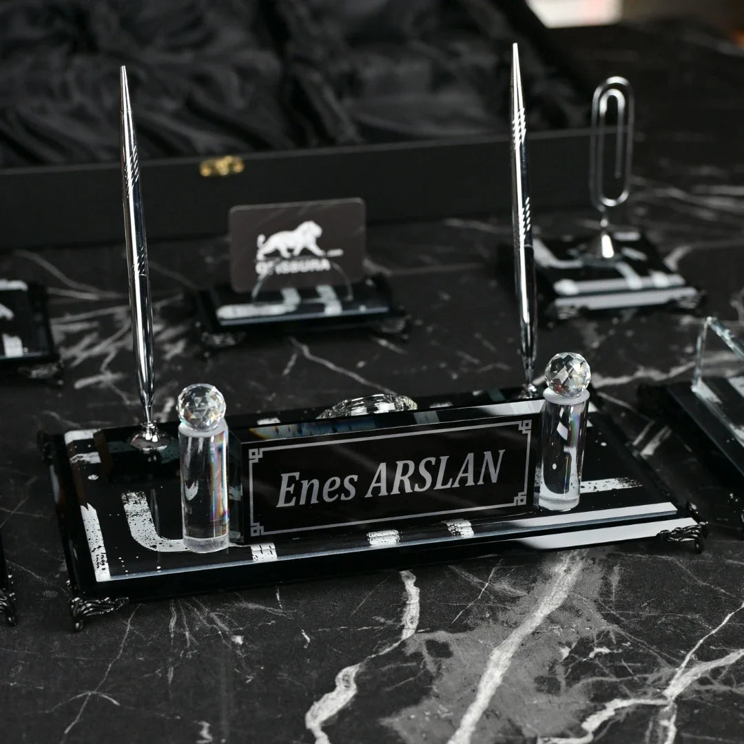 Piano Black | Gift-Boxed 6-Piece Crystal Executive Desk Set with Personalized Nameplate – Black & Silver